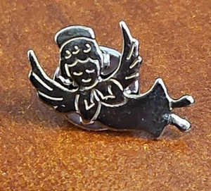 VTG Silver Toned Enameled  Lapel Hat Pinback Silver Angel - Picture 1 of 4