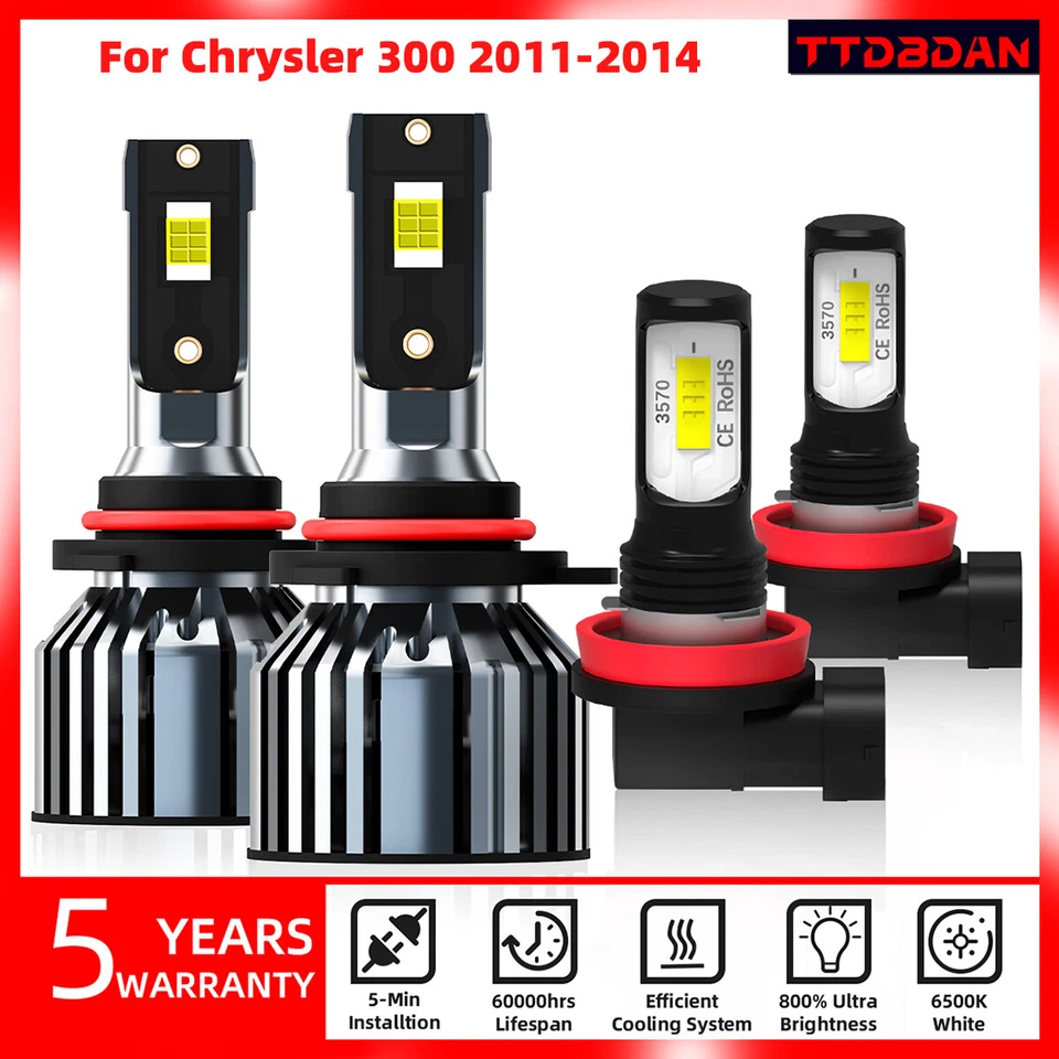 Combo 9012+H11 LED Headlight Fog Light Bulbs Kits For Chrysler 300 2011-2014 - Image 1 of 4