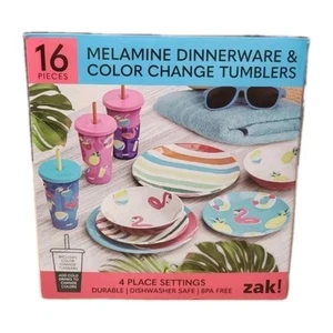 Zak! 16-Piece Melamine Dinnerware Set & Color Change Tumblers - Flamingos - NIB - Picture 1 of 10