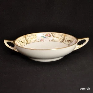 Nippon M-in-Wreath Schale handbemalt rosa floral blau Vogel erhaben gold 2-Griff - Bild 1 von 12