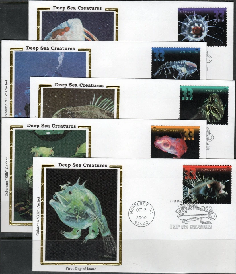 US Scott #3439-43  "Colorano "Silk" Cachet, "Deep Sea Creatures", FDCs - Image 1 of 1