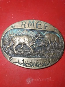 Vintage MASSIVES MESSING RMEF Rocky Mountain Elch Foundation Gürtelschnalle - Bild 1 von 3