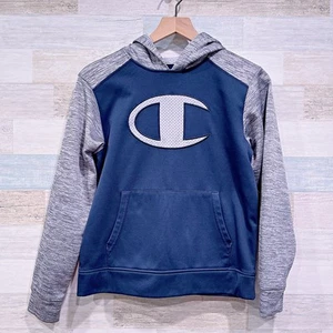 Champion Raglan Colorblock Tech Fleece Hoodie Blue Gray Pocket Boys Large - Picture 1 of 5