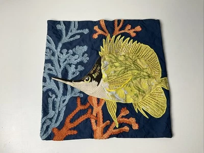 Pottery Barn Embroidered 18" Pillow Cover Under The Sea Coral Fish Sea Life - Image 1 of 4
