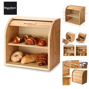 Bambus Brotkasten 2 Etagen Brotbehälter Roll-Top-Brotaufbewahrung mit herausn... - Bild 1 von 8