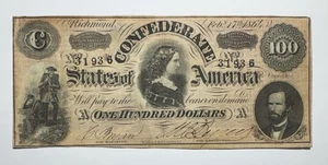 Billete de 100 dólares de los Estados Confederados de América de 1864 T65 - Imagen 1 de 2