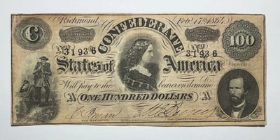 1864 $100 Confederate States of America Note T65 - Image 1 of 2