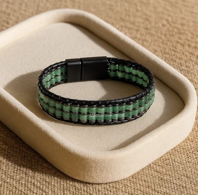 Green Aventurine Hematite Men Bracelet Braided Leather Magnetic Clasp Jewelry - Image 1 of 4