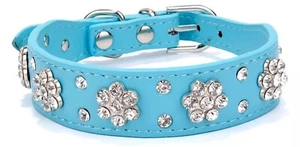 Dog Collar with Rhinestone Bling Flower, Adjustable Blue, XS S M L - Picture 1 of 4