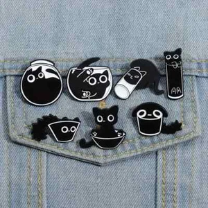 7Pcs Cute Black Cat Pin Set Brooch Cartoon Animal - Picture 1 of 7