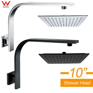 WELS 10" Square Rain Shower Head Rose + Gooseneck Wall Arm Set CHROME / BLACK - Picture 1 of 26