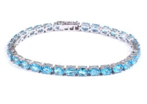 925 Silver Blue Topaz Tennis Bracelet 4x6 mm oval blue topaz bracelet For Men - Picture 1 of 5