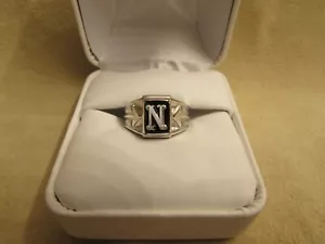 Initial "N" Boys/Small Finger Sterling Silver Ring With Genuine Onyx Stone - Picture 1 of 10