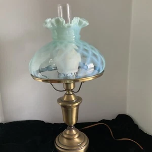 FENTON AQUA OPALESCENT DIAMOND OPTIC STUDENT LAMP HURRICANE 21” - Picture 1 of 12
