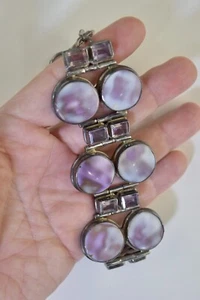 SCHWERES MD DESIGNER STERLINGSILBER ARMBAND ~ GROBE LILA MUSCHEL & AMETHYST ~ 75,9 G - Bild 1 von 7