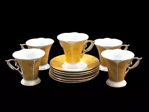 6 Vintage Fine Porcelain Espresso Demitasse Cups & Saucers Yellow w/Gold Trim - Picture 1 of 12