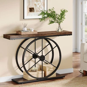 100''Console Table with Sturdy Wheel-Shaped Frame, Industrial Narrow Sofa Table - Picture 1 of 9