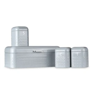 4PC PIECE METAL BREAD BIN STORAGE CANISTERS SET SUGAR COFFEE TEA ENAMEL COATED - Picture 1 of 12