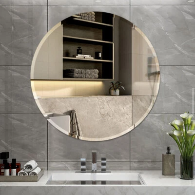 Bathroom Wall Mirror Bevel Glass Edge Frameless Oval Round Make-up Past Hanging - Image 1 of 4