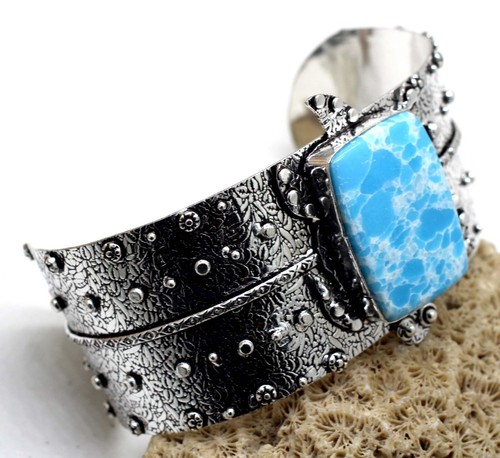 VALENTINO 925 Sterling Silver Larimar Gemstone Handmade Jewelry Cuff Bracelet S ADJ"