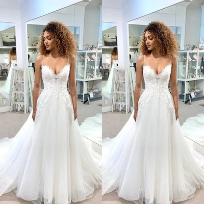 Sexy Vestidos de Novia Correas de Espagueti Apliques de Encaje Línea A Tul Vestidos de Novia Foto 1 de 4