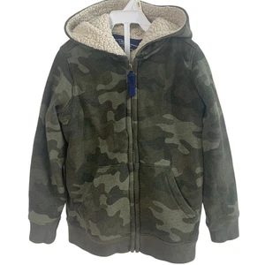Lands' End Size S (4) Boys Sherpa Lined Full Zip Hooded Jacket Green Camo Print - Picture 1 of 8