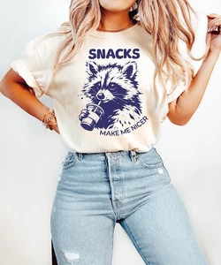 Funny Raccoon Snacks Make Me Nicer T-Shirt, Cute Animal Foodie Tee, Retro Vintag - Picture 1 of 1