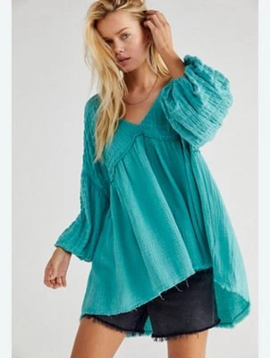 Free People Flower Power Boho Top Blue Size XS To S oversized - Image 1 of 4