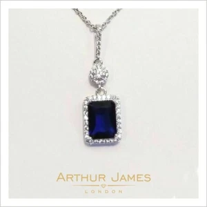 Women's Emerald Cut Sapphire September Birthstone Jewelry Halo Pendant Necklace - Picture 1 of 9