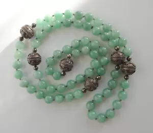 Collar de Cuentas de Jade Jade Talladas en China Amuleto Cuentas de Plata Esterlina Anudadas - Imagen 1 de 12