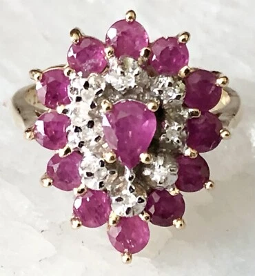 Estate 14k Gold Ruby & Diamond Pear Cluster Cocktail Ring 5g Size 6.25, 1.83 ctw - Image 1 of 4