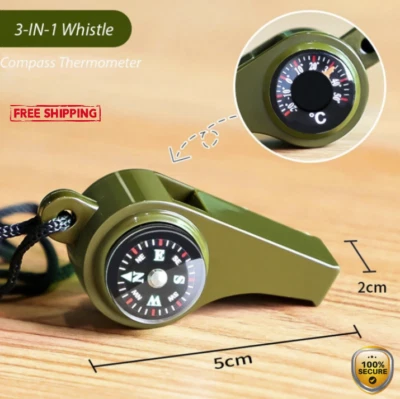 1pc 3-in-1 Survival Whistle with Compass & Thermometer – Camping Essential - NEW - Image 1 of 4