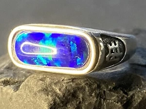 Anillo ajustable de plata de ley de ópalo azul macizo hecho a mano en Australia para hombre - Imagen 1 de 9