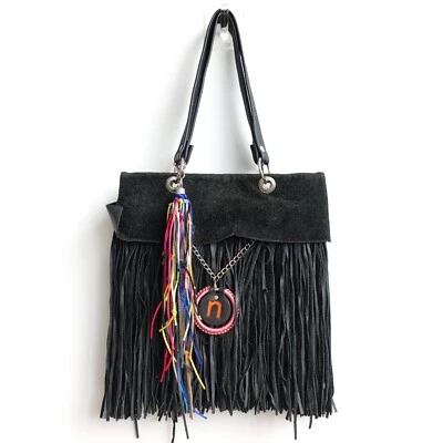 Western Boho Womens Bag Leather Shoulder Black Fringes Hobo Tassel Handbag - Image 1 of 4