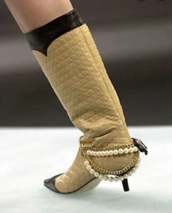 CHANEL 2002 Pearl Chain Leather Camellia Necklace Bracelet Belt Trim Boots Sz.8 - Picture 1 of 11