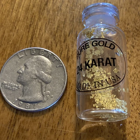 Pure Gold Flake 24 Karat Bottle Vial 1 1/2" x 5/8" Made USA Real Leaf Specimen Cover