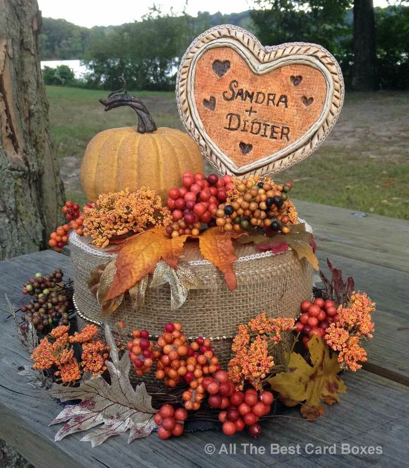Centro de mesa de boda de otoño, corazón de arcilla, personalizado, decoración de boda rústica, corazón Foto 1 de 4