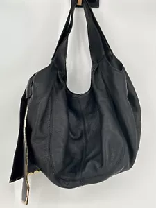 Gianni Bini Black Leather Hobo Bag With Leopard Print Lining & Gold Scallop Trim - Picture 1 of 5