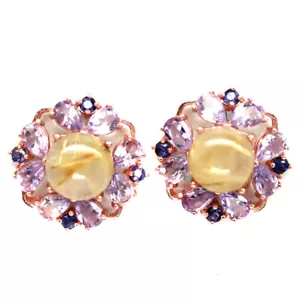 925 Plata 11 Mm. Rutilo Dorado Cuarzo, Rosa Amatista & Zafiro Azul Pendientes - Imagen 1 de 4