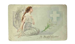 OSTERN Gruß Postkarte • Engel Kreuz Lilien • geprägte geteilte Rückseite - Bild 1 von 2
