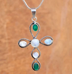 Multi Moonstone & Green Onyx Gemstone 925 Sterling Silver Cross Stylish Pendant - Picture 1 of 8