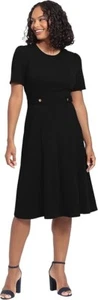 London Times Puff-Sleeve Tab-Detail Fit & Flare A-Line Dress Women's 18W Black - Picture 1 of 8