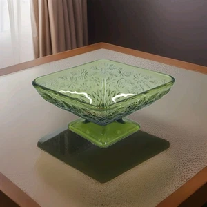 Vintage Indiana Glass Diamond Shape Dish Planter Avocado Green Floral Pattern - Picture 1 of 10