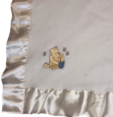 Classic Winnie the Pooh Baby Blanket Hunny Pot Bees Waffle Cotton Satiny Trim - Image 1 of 4