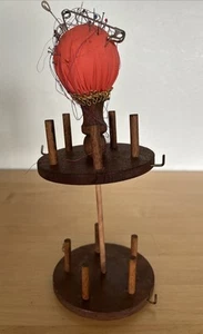 Vintage Wood Thread Spool Holder with Rotating Spinning Pin Cushion Handmade? - Picture 1 of 10
