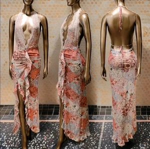 NWT Romantic Floral Mesh Printed Sexy V Halter Backless Boho Maxi Dress Sz M - Picture 1 of 21