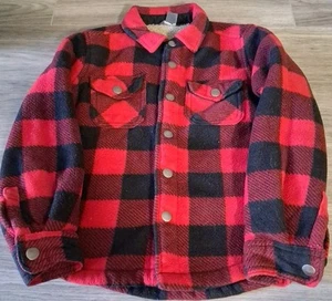 Eddie Bauer Kids Fleece Lined Jacket Red Black Buffalo Plaid Snap Size 6/7 - Picture 1 of 6