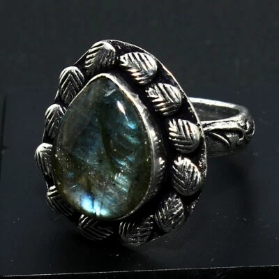 Natural Labradorite Gemstone Solid 925 Silver  Handmade Ring Gift Jewelry Size 6 - Image 1 of 4