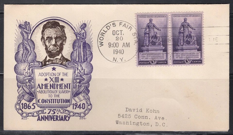 1940 Staehle First Day Cover, Amendment to Abolish Slavery - Image 1 of 1