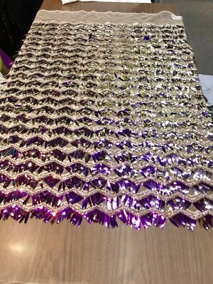 PURPLE IRIDESCENT CHEVRON DESIGN SEQUINS ON A NUDE MESH-SOLD BY THE YARD. - Image 1 of 4